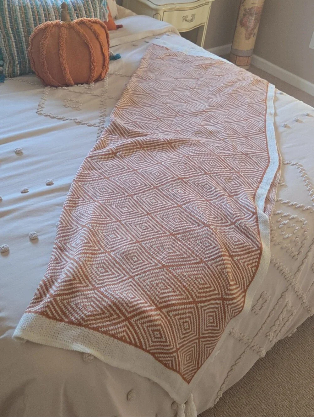 Geometric Burnt Orange and Cream Throw Blanket with Tassels